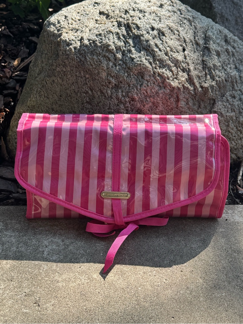 Victoria's Secret Vintage Pink Striped Hanging Roll-Up Travel Cosmetic Organizer